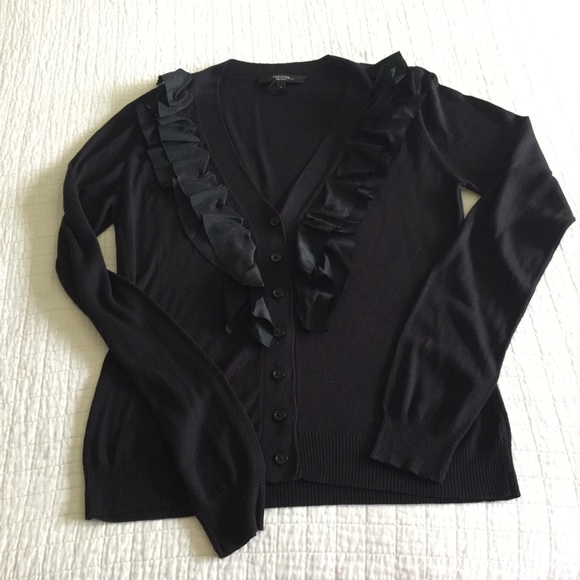 EUC Max Mara black on black cardigan w/ruffle along vneck - Picture 4 of 6